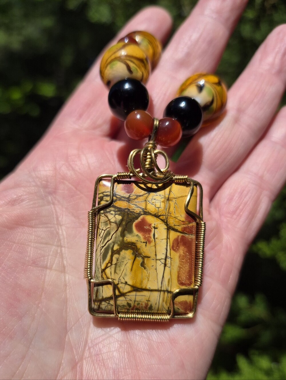 Artisan Wire Wrapped Picasso Jasper Carnelian Art Glass Beaded Necklace 20" - Picture 8 of 9